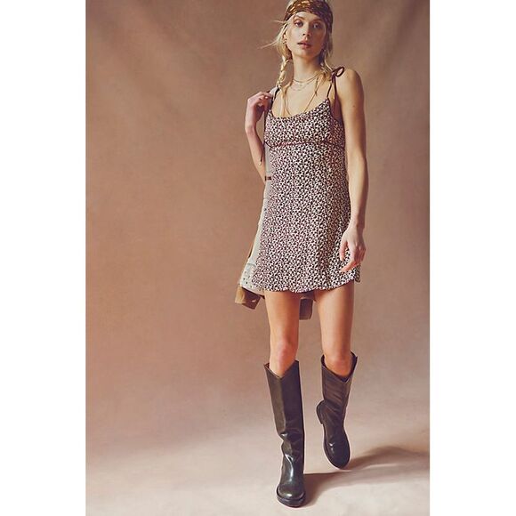 Free People Kai Print Tie Strap Minidress In Coffee Combo - XS - Picture 2 of 3